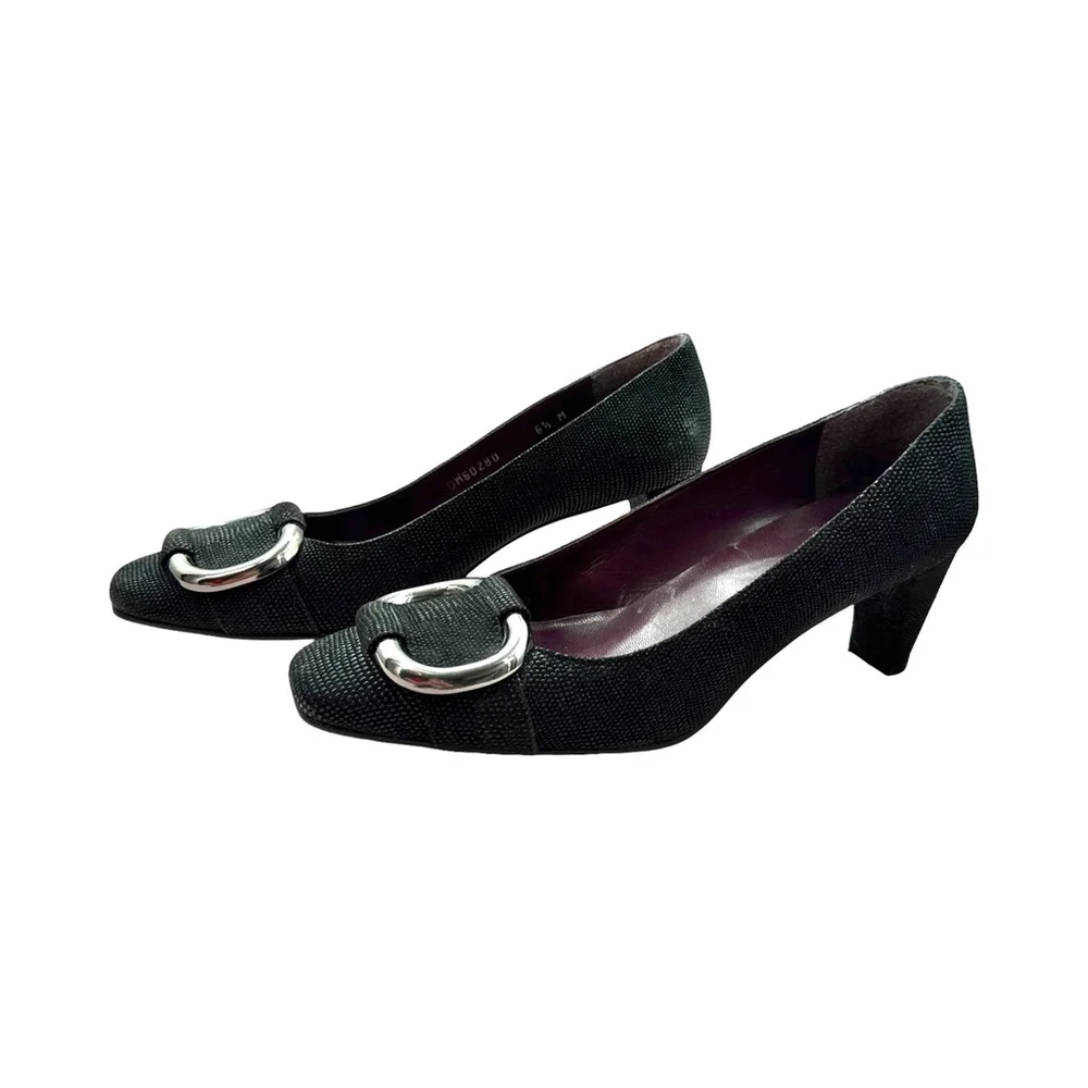 Stuart Weitzman Women's Pumps Size 6.5M Black Textured Fabric Silver Buckle Heel